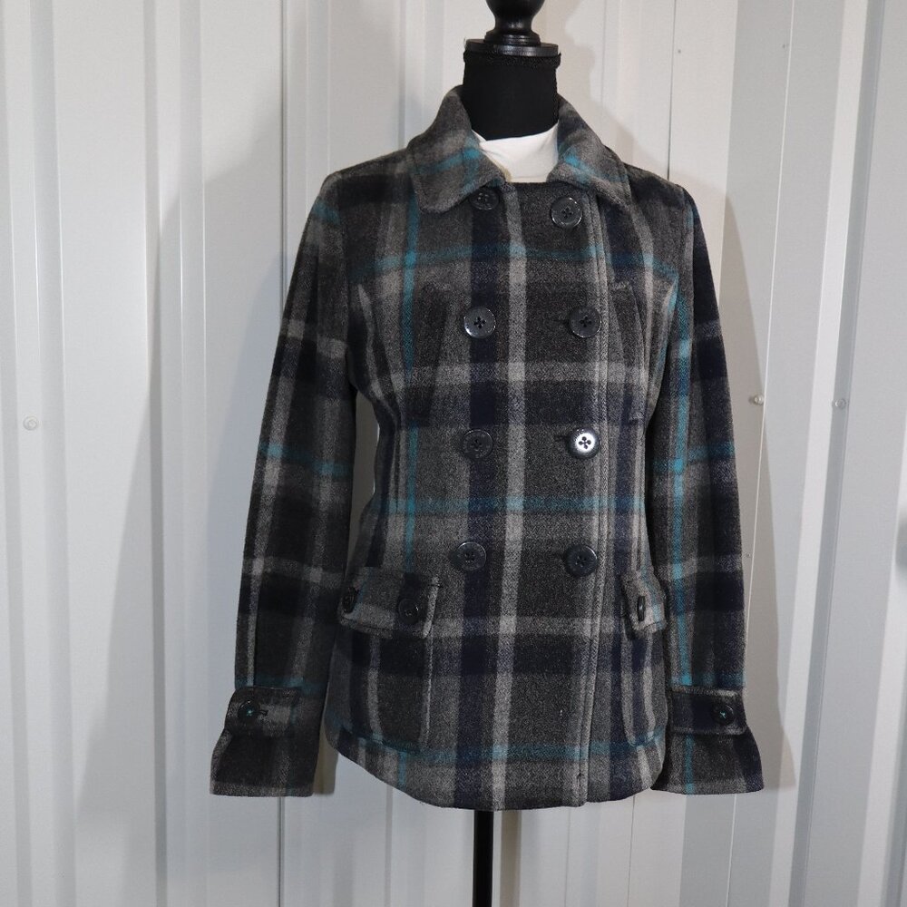American Eagle Womens Wool Blend Plaid Gray Blue Double Breasted Pea Coat Size M